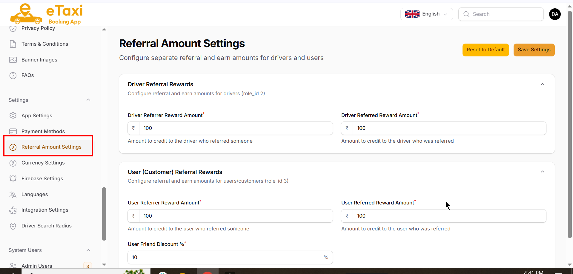 Referral Amount Settings